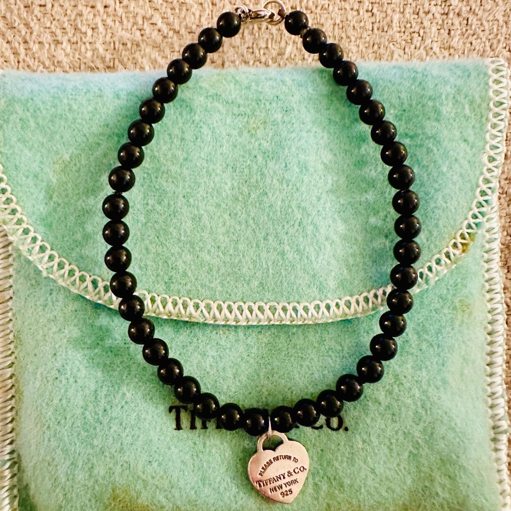 Tiffany & Co. Black Beaded Bracelet with Silver Heart Charm